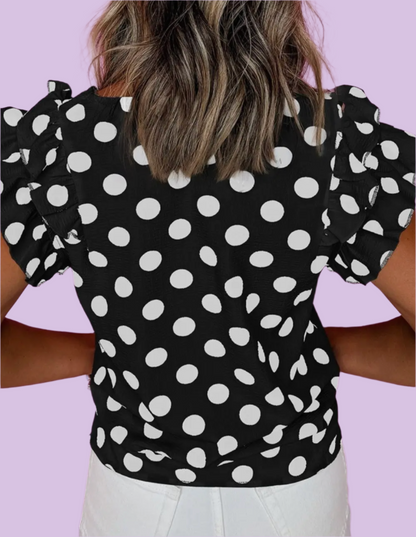 Polka Dot Print Ruffled Sleeve V Neck Blouse