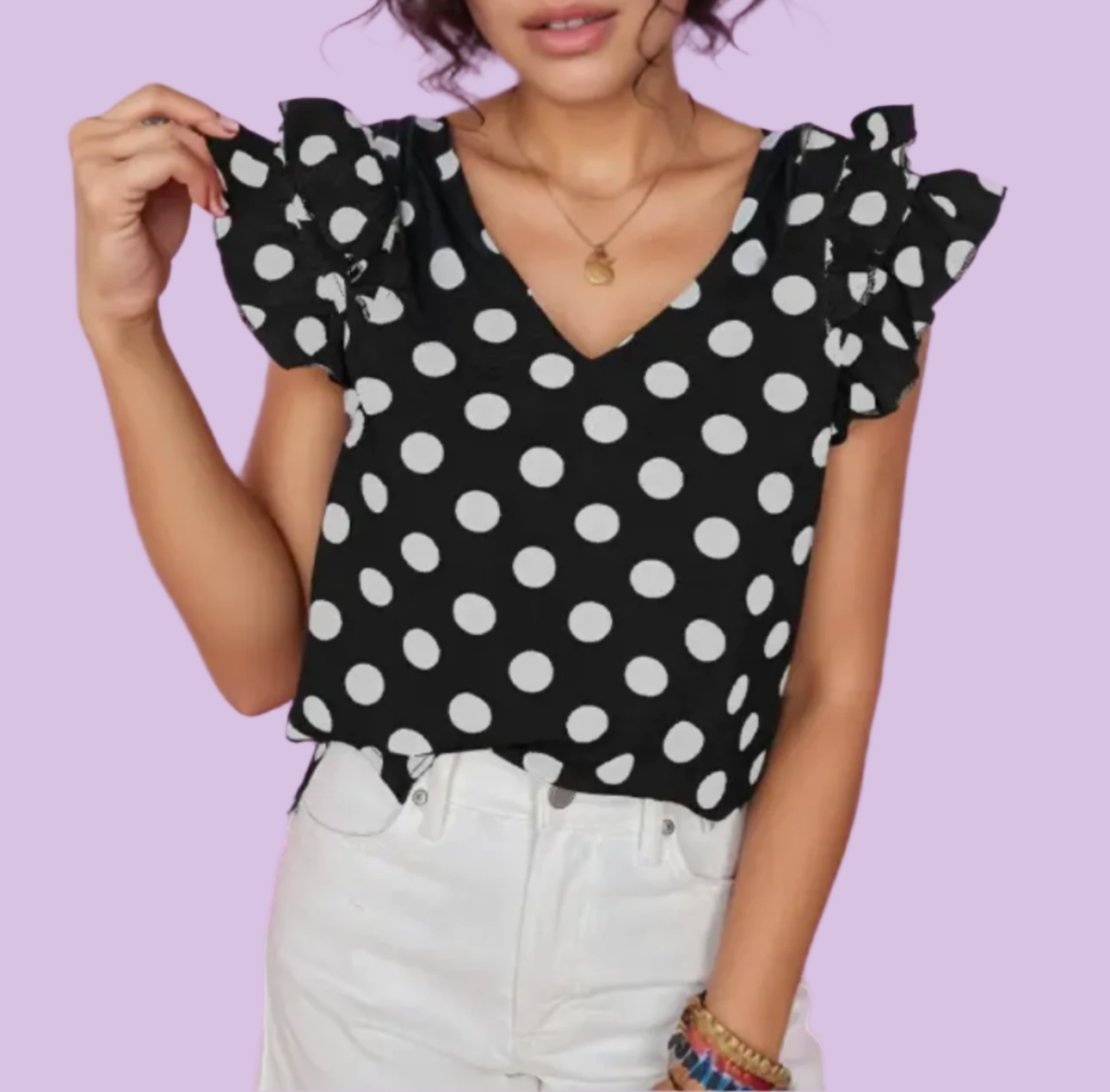 Polka Dot Print Ruffled Sleeve V Neck Blouse