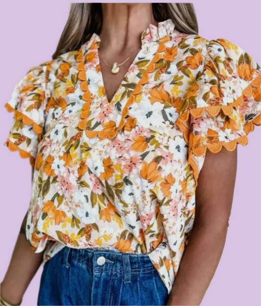 Orange Ruffled V Neck Scalloped Floral Blouse
