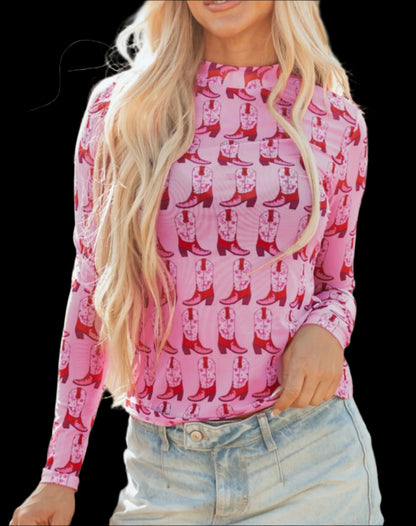 Cowgirl Boots Mesh Mock Neck Top