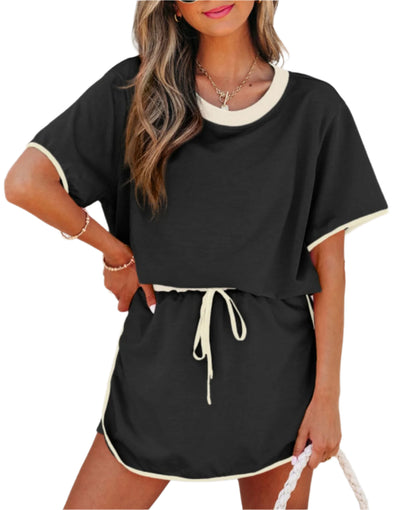 Black Color Contrast Loose Pullover and Lace-up Waist Skort Set