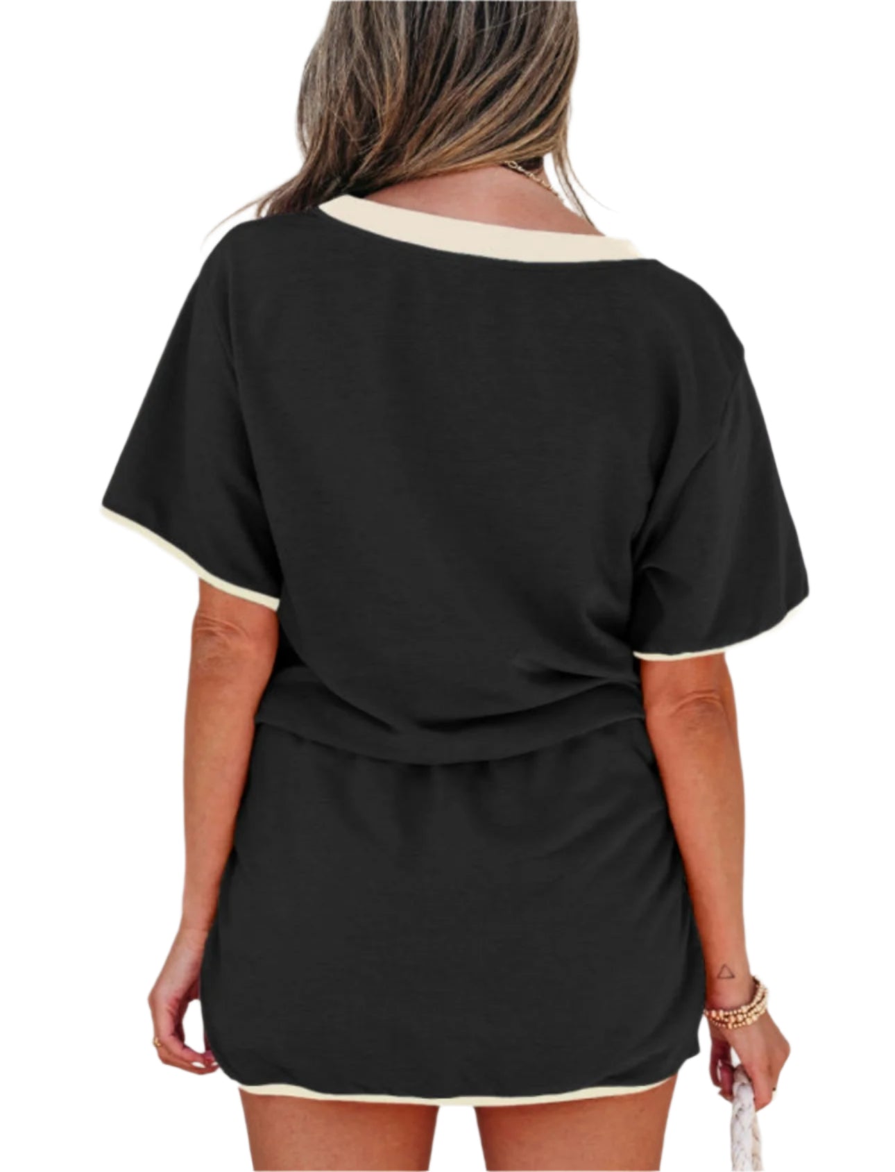 Black Color Contrast Loose Pullover and Lace-up Waist Skort Set