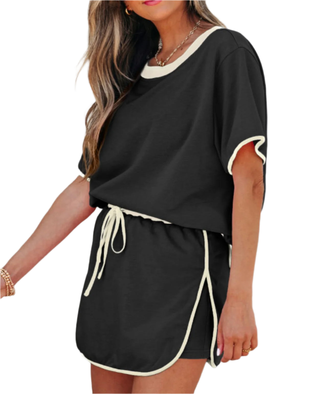 Black Color Contrast Loose Pullover and Lace-up Waist Skort Set