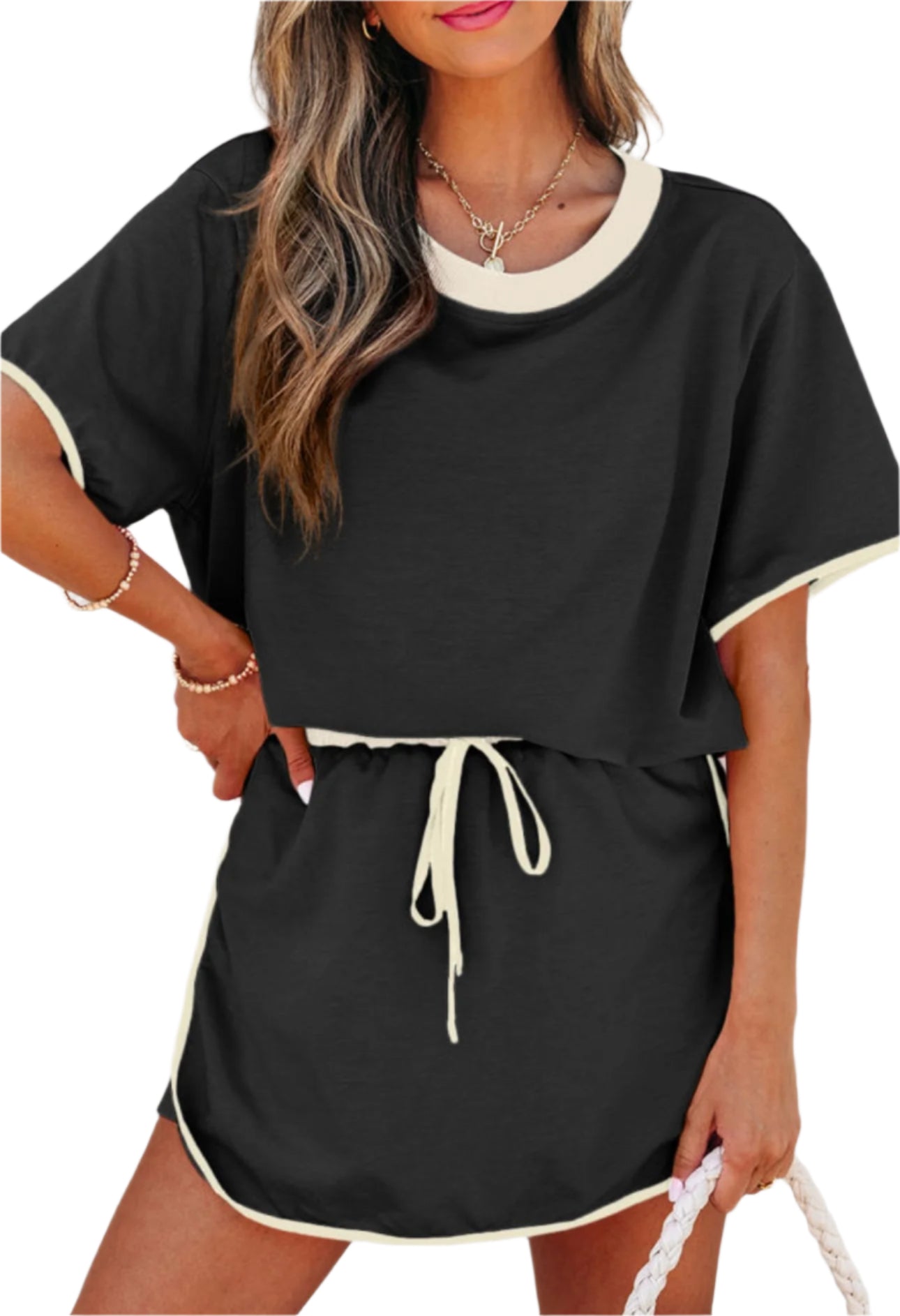 Black Color Contrast Loose Pullover and Lace-up Waist Skort Set