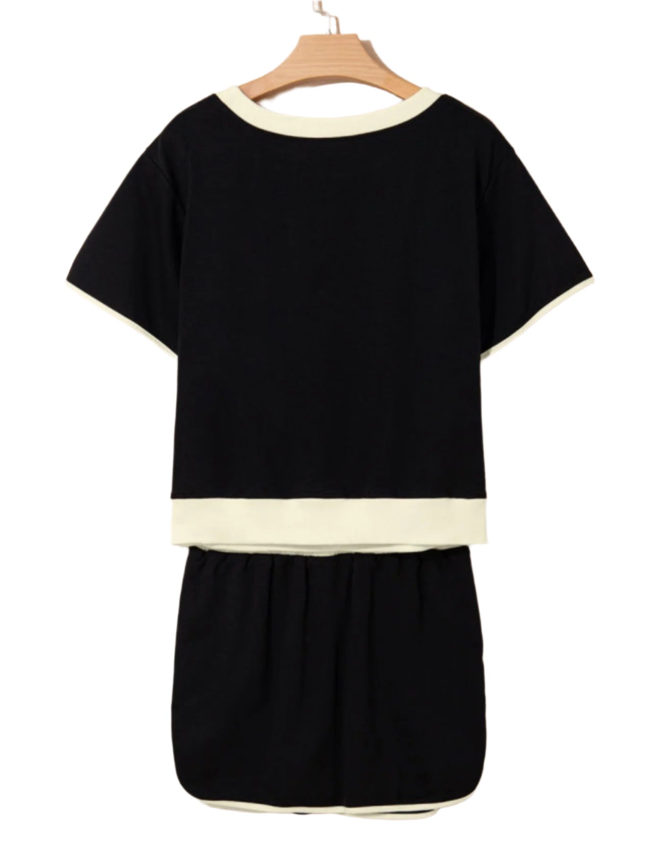 Black Color Contrast Loose Pullover and Lace-up Waist Skort Set
