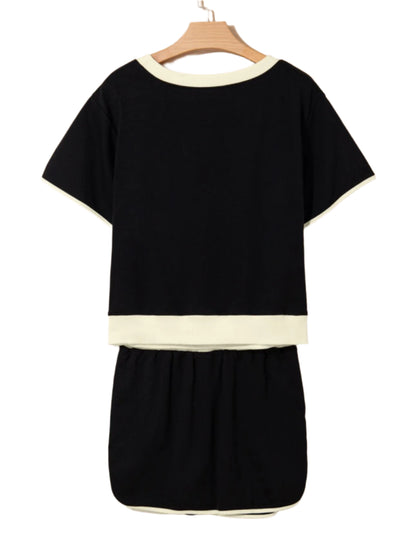 Black Color Contrast Loose Pullover and Lace-up Waist Skort Set