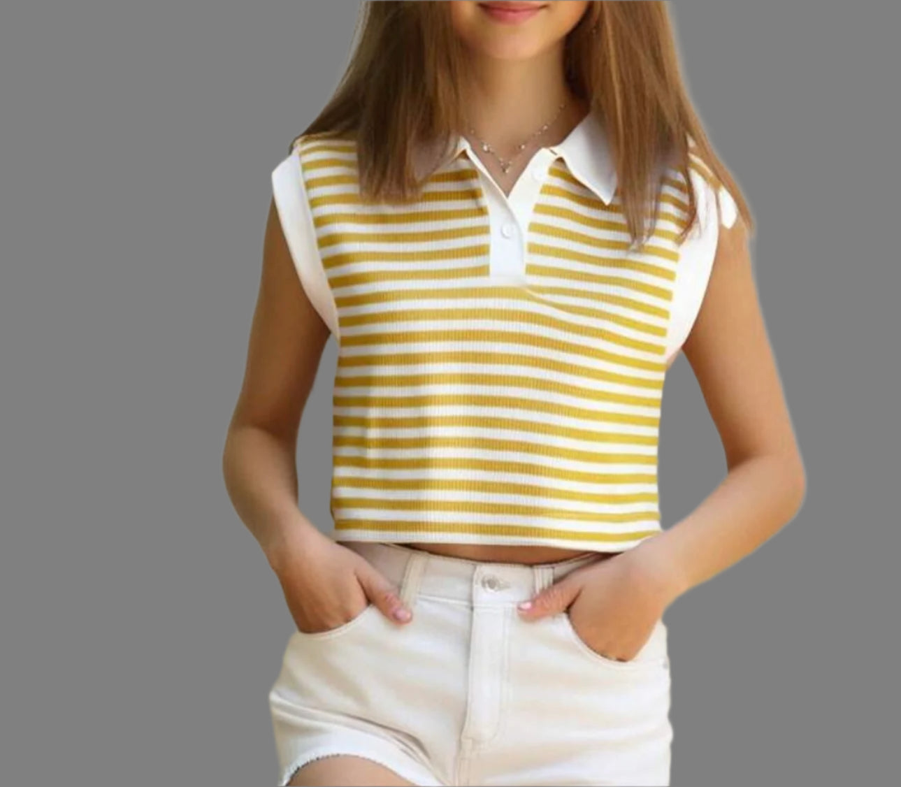 Girls Fashionable Preppy Copped Collared Polo Top