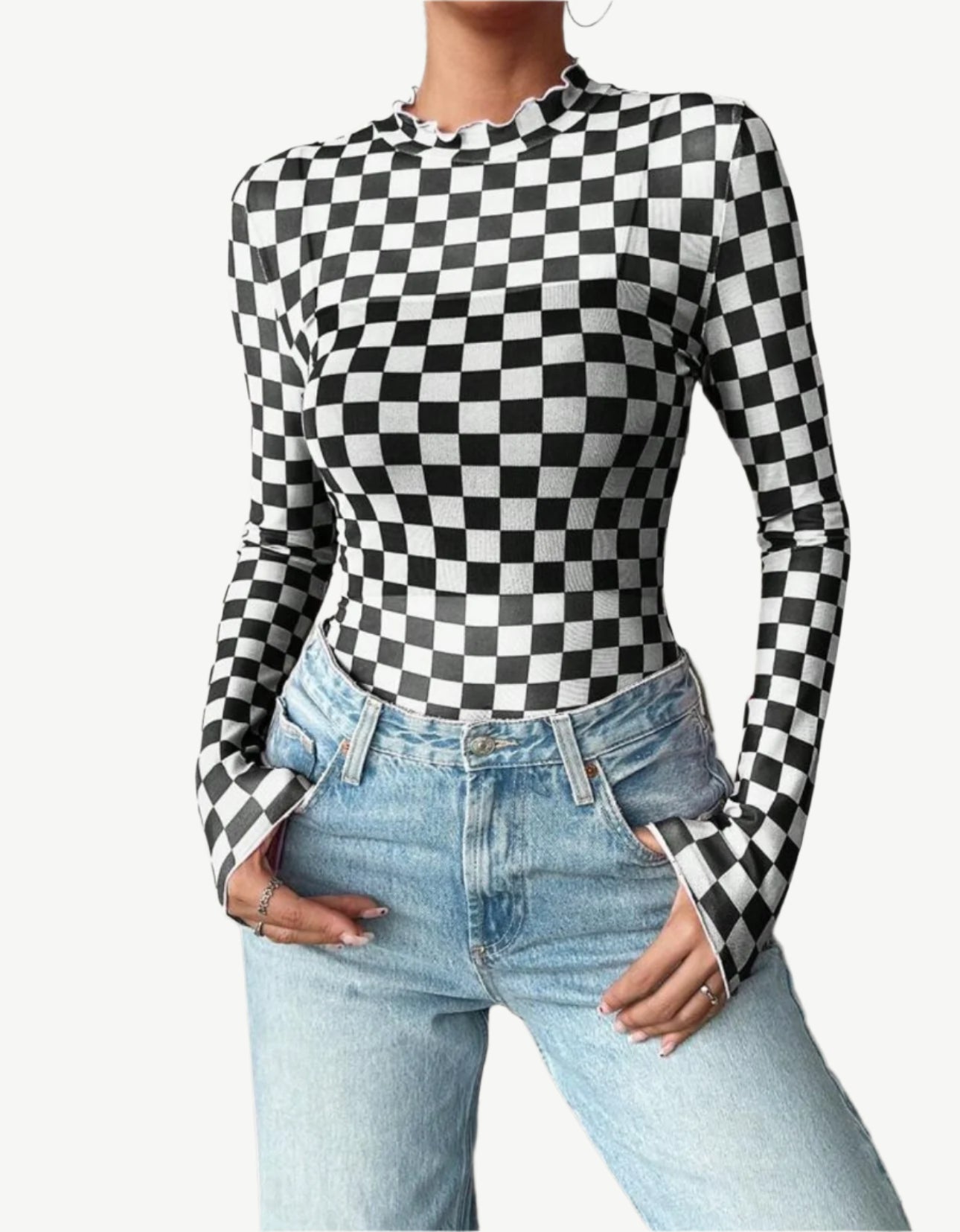 Checkerboard Long Sleeve Mesh Top