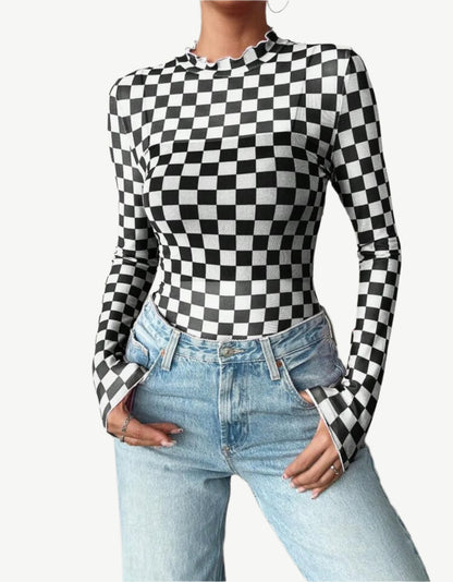 Checkerboard Long Sleeve Mesh Top