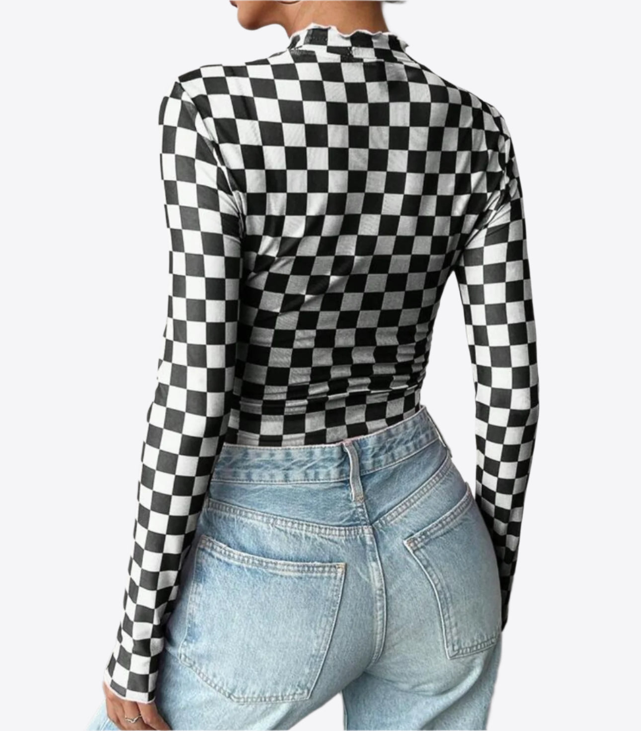 Checkerboard Long Sleeve Mesh Top