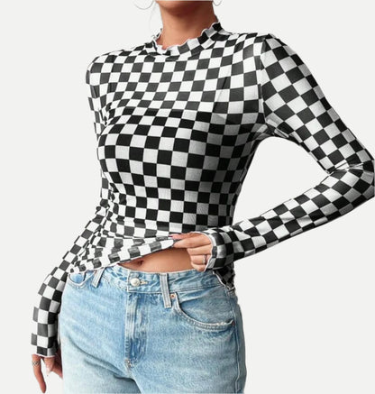 Checkerboard Long Sleeve Mesh Top