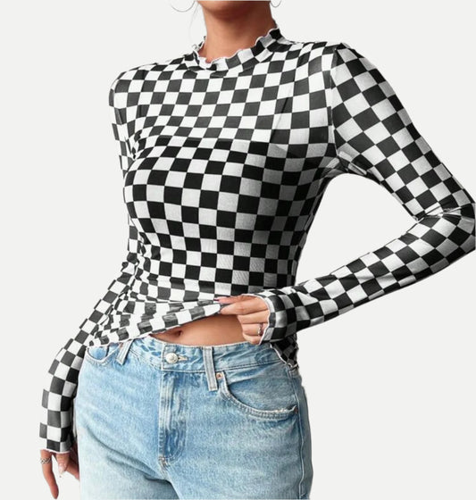 Checkerboard Long Sleeve Mesh Top