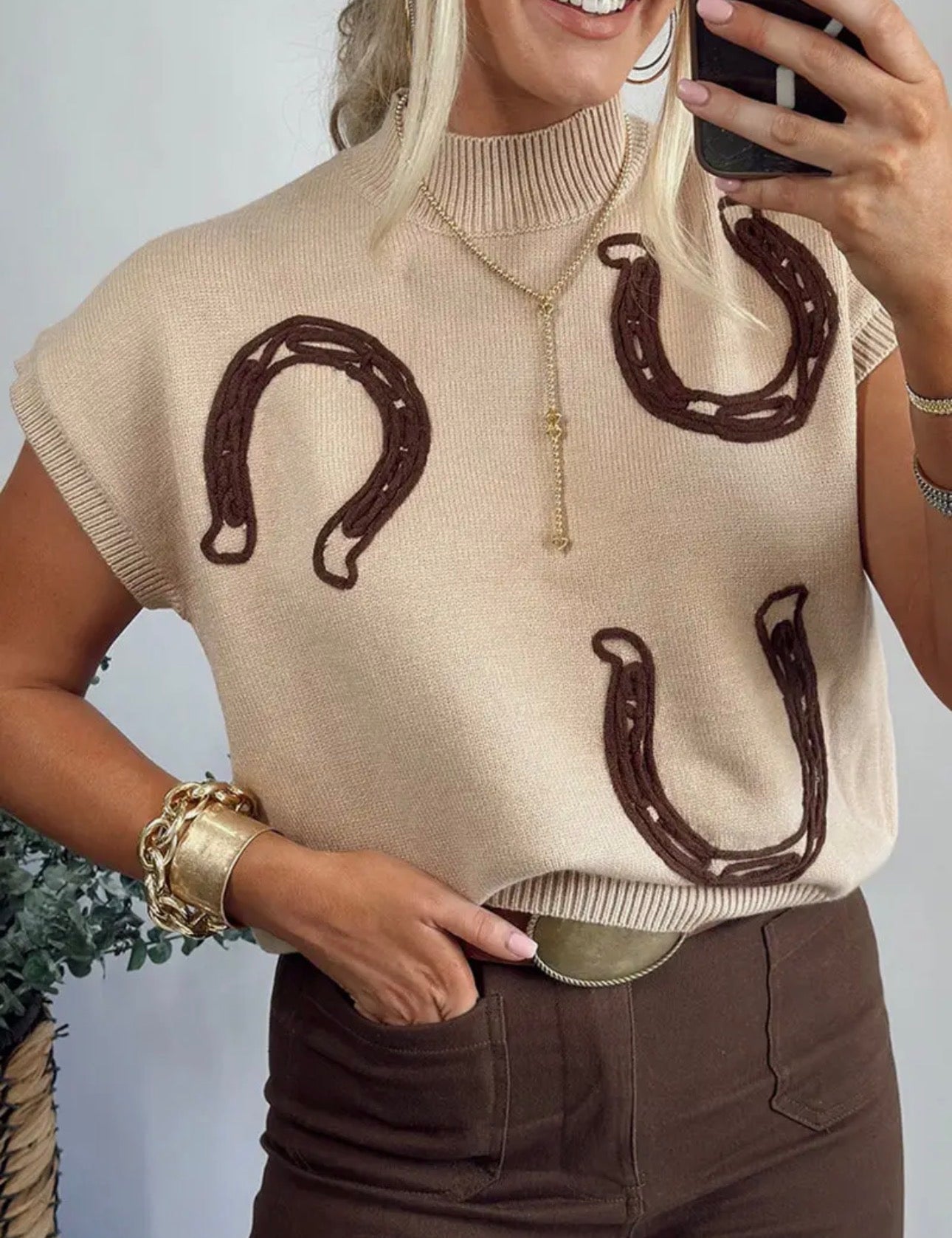 Parchment Corded Horseshoe Ribbed Trim Mock Neck Short Sleeve Sweater