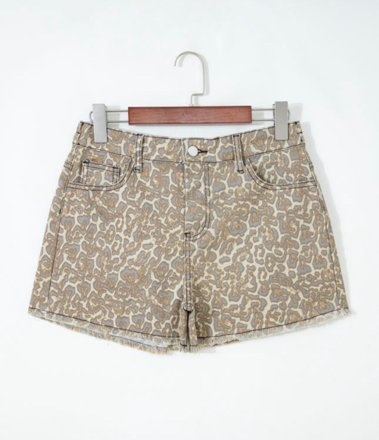 Khaki Raw Edge Leopard Print Denim Shorts