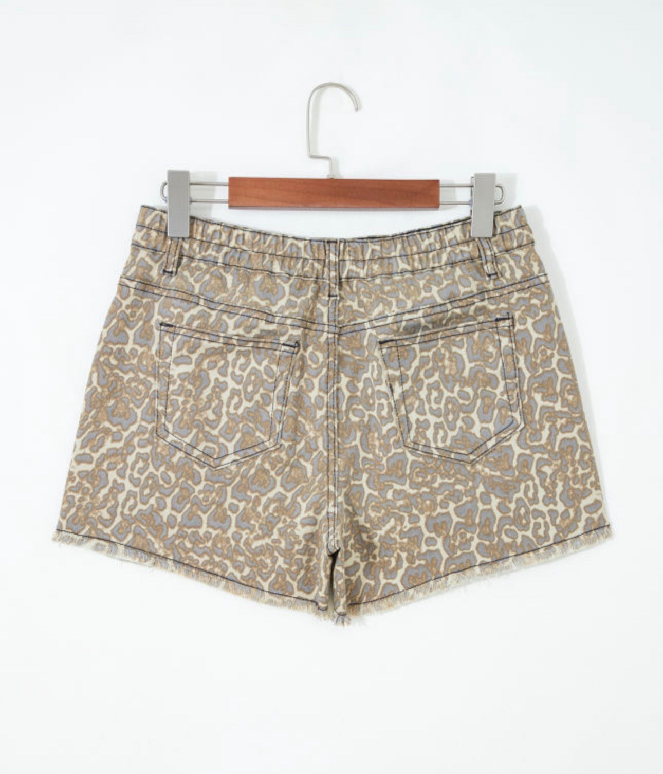 Khaki Raw Edge Leopard Print Denim Shorts