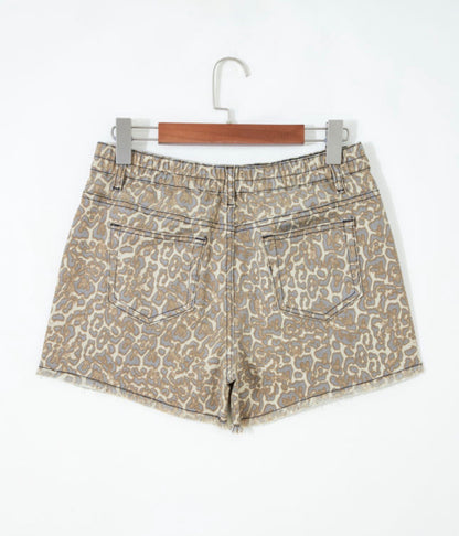 Khaki Raw Edge Leopard Print Denim Shorts