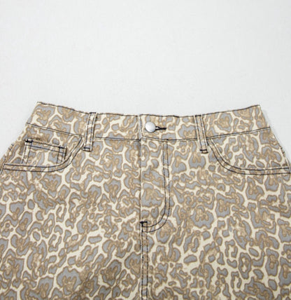 Khaki Raw Edge Leopard Print Denim Shorts