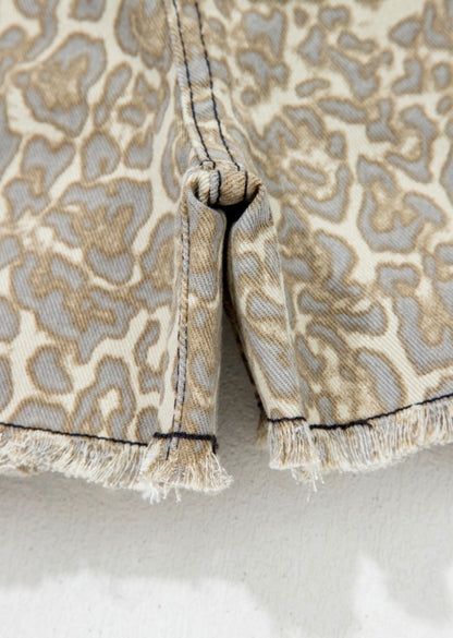Khaki Raw Edge Leopard Print Denim Shorts