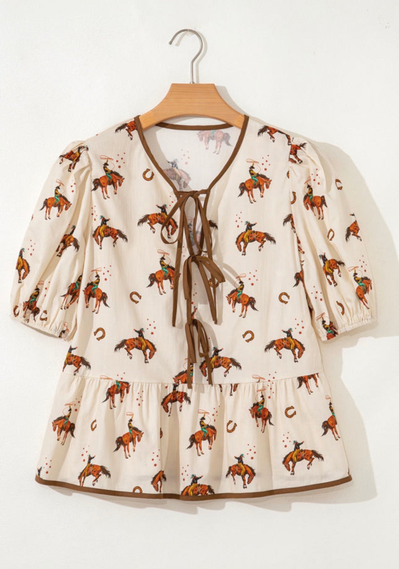 Apricot Cowboy Print Puff Sleeve Top