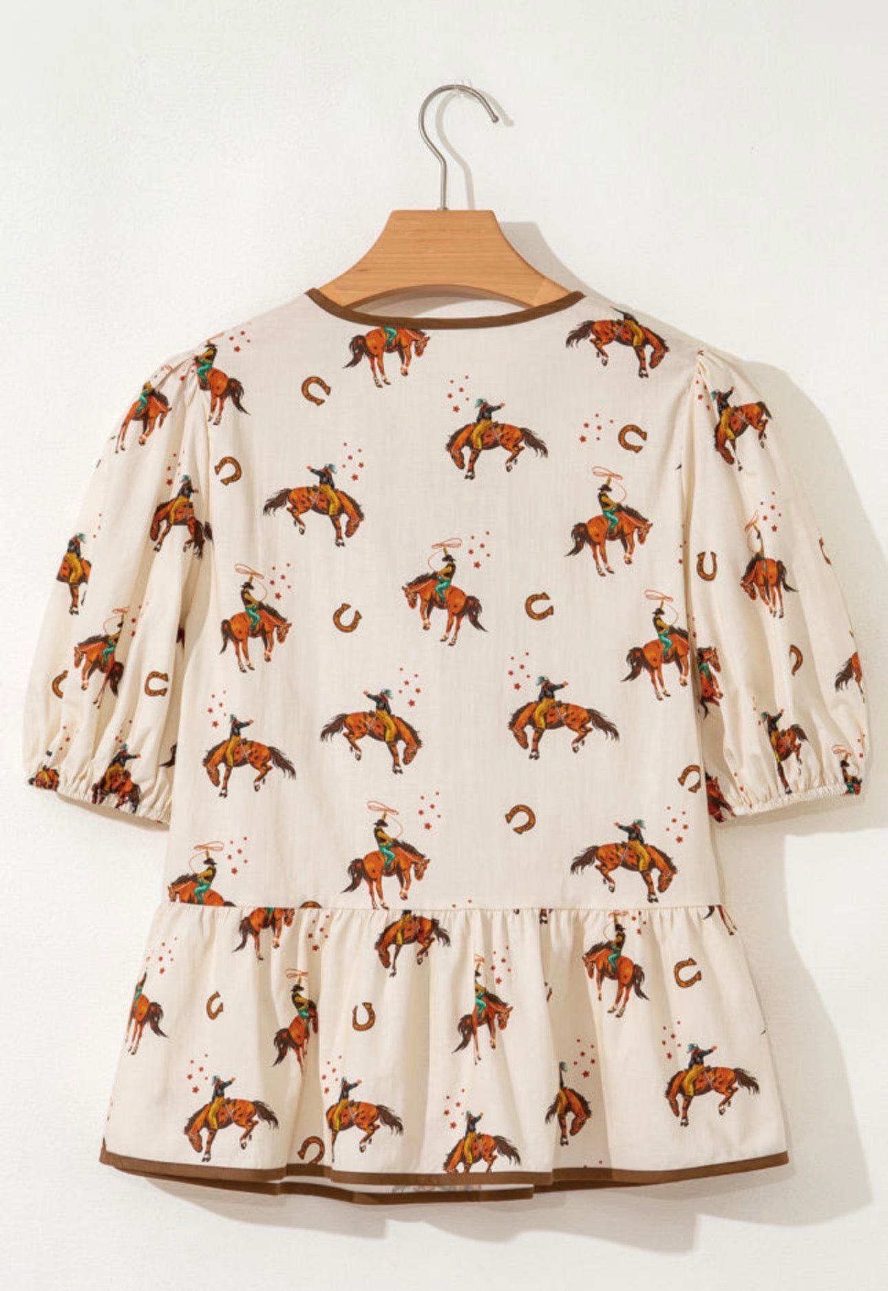 Apricot Cowboy Print Puff Sleeve Top