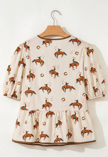 Apricot Cowboy Print Puff Sleeve Top