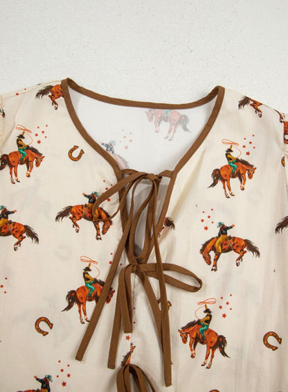 Apricot Cowboy Print Puff Sleeve Top