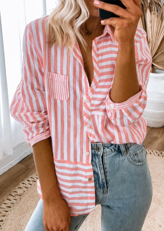 Oversized Pink Stripe Bottoned Long Sleeve Casual Shirt