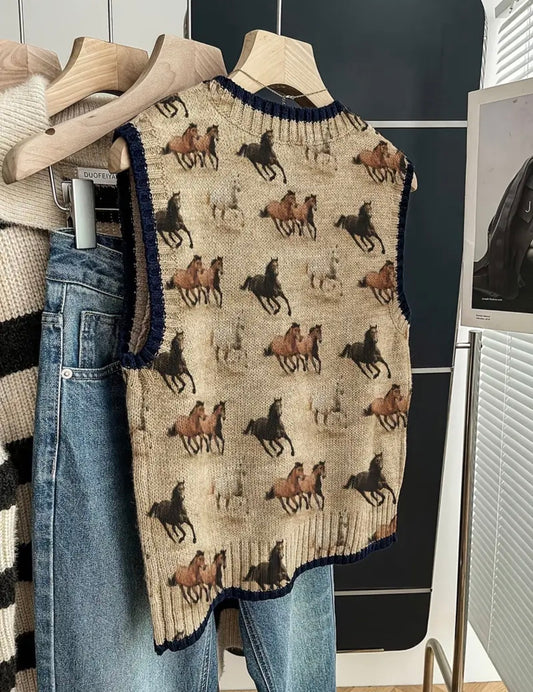 Elegant Sleeveless Horse Print Pullover Vest