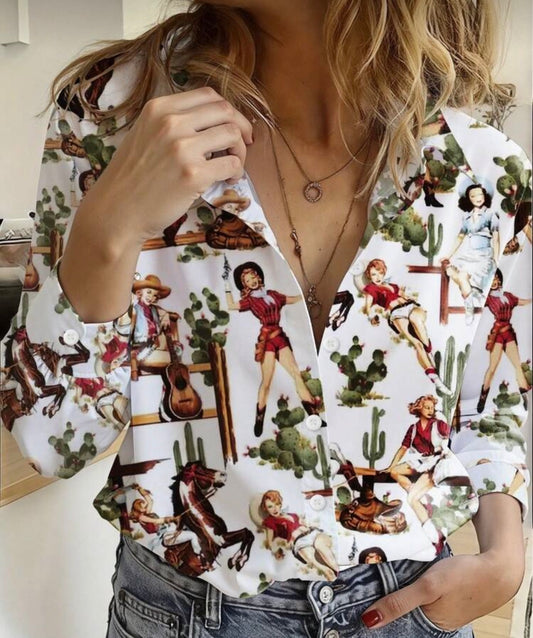 Western Style Women's Cartoon Print Long Sleeve Blouse