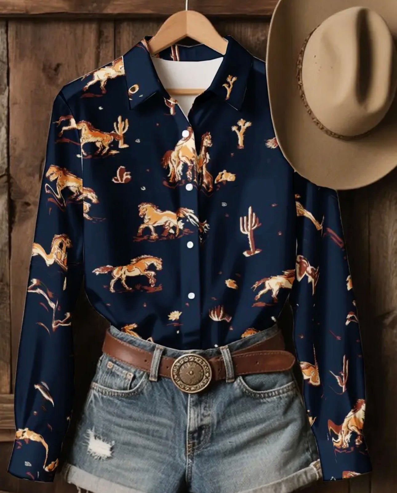 Women's Elegant Western Cowboy & Cactus Print Blouse