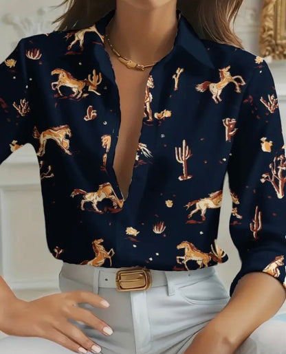 Women's Elegant Western Cowboy & Cactus Print Blouse