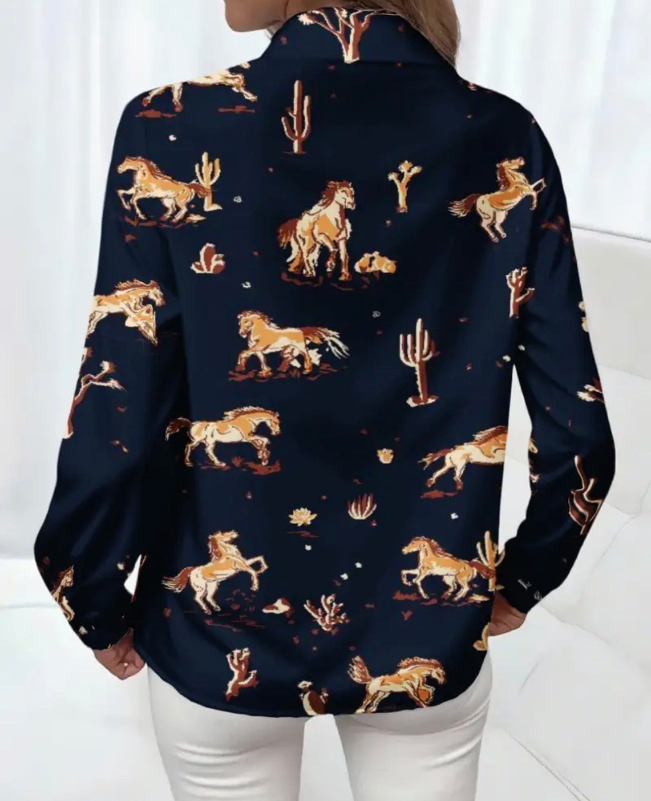 Women's Elegant Western Cowboy & Cactus Print Blouse