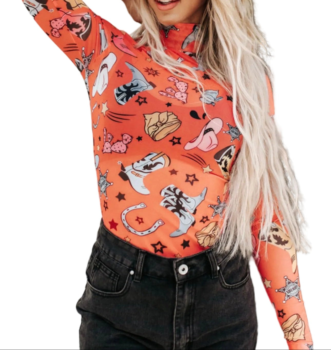 Orange Rodeo Round Printed Long Sleeve Body Suit