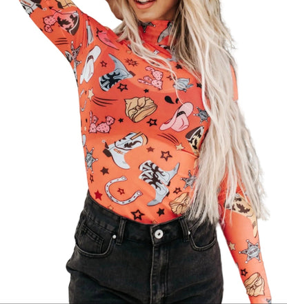 Orange Rodeo Round Printed Long Sleeve Body Suit