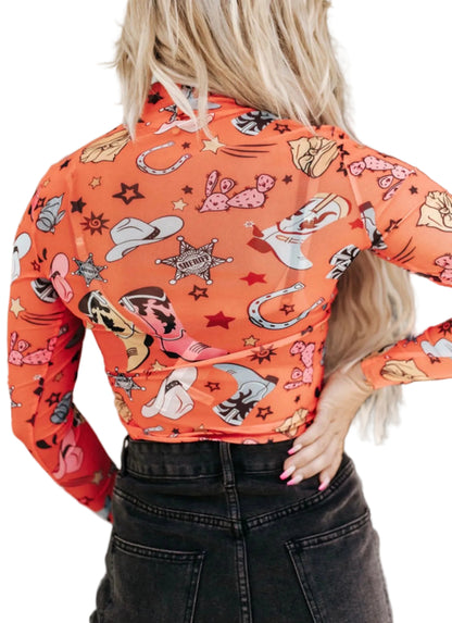 Orange Rodeo Round Printed Long Sleeve Body Suit