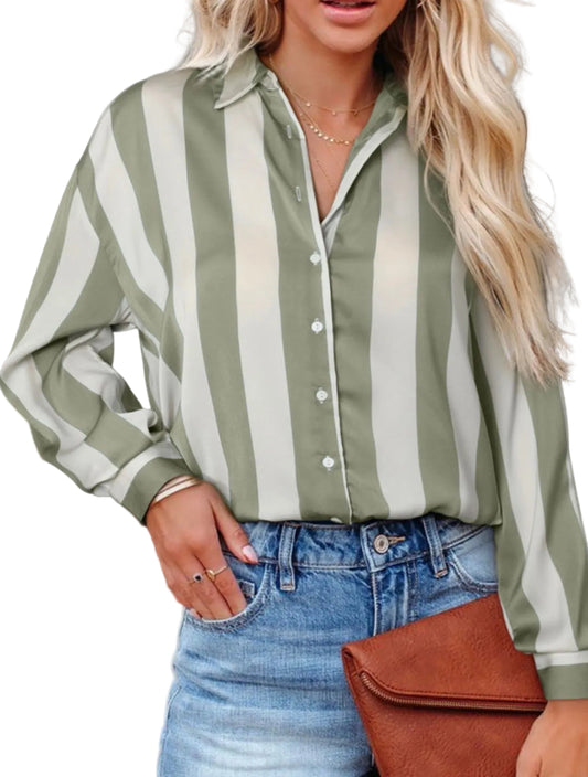 Olive Striped Solt Relaxed Button Up Shirt