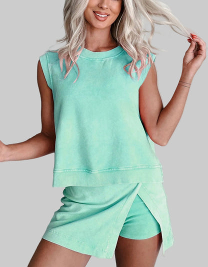 2 Pieces Mineral Wash Cotton Tank Top Lined Split Skirt Set