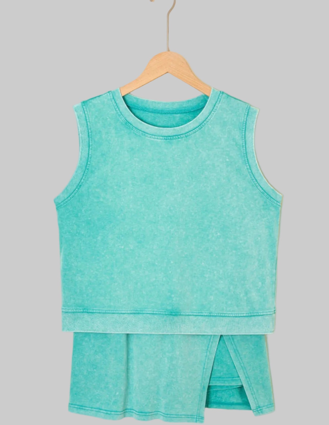 2 Pieces Mineral Wash Cotton Tank Top Lined Split Skirt Set