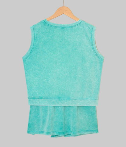 2 Pieces Mineral Wash Cotton Tank Top Lined Split Skirt Set