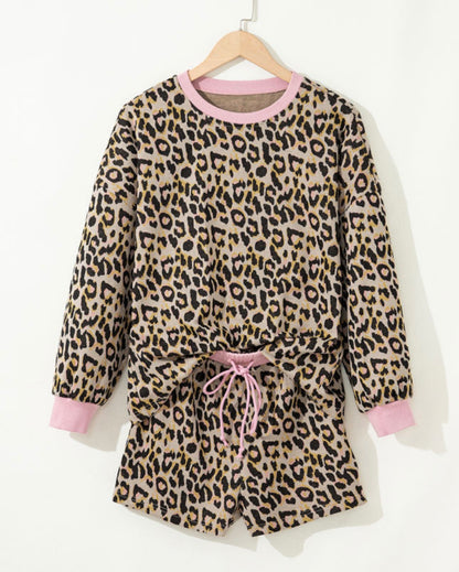 Pink Leopard Print Contrast Edge Long Sleeve Pullover Shorts Set