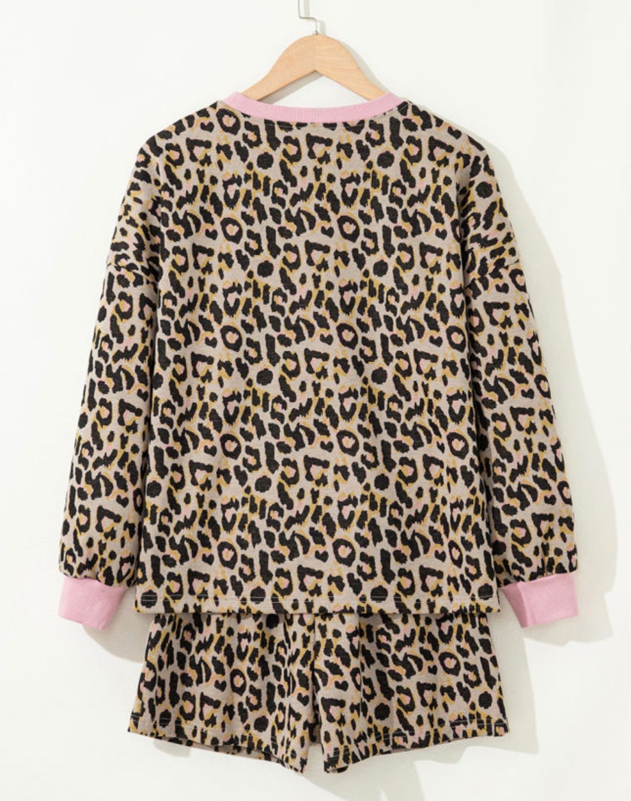 Pink Leopard Print Contrast Edge Long Sleeve Pullover Shorts Set