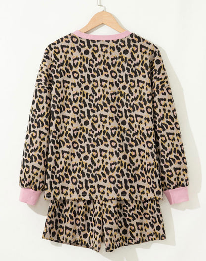 Pink Leopard Print Contrast Edge Long Sleeve Pullover Shorts Set