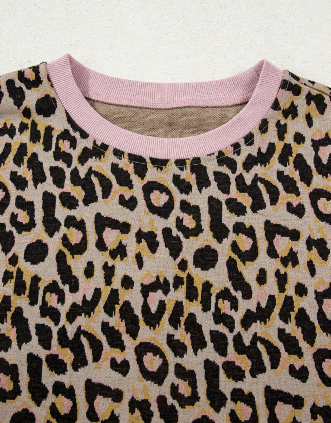 Pink Leopard Print Contrast Edge Long Sleeve Pullover Shorts Set