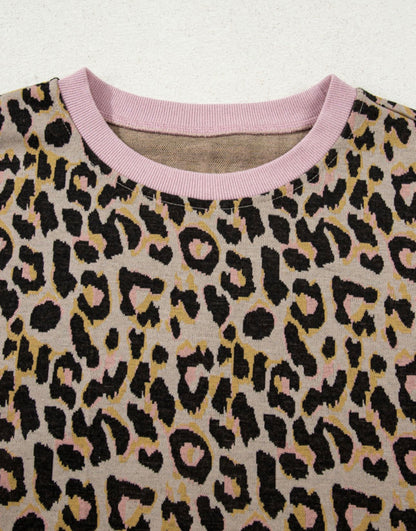 Pink Leopard Print Contrast Edge Long Sleeve Pullover Shorts Set