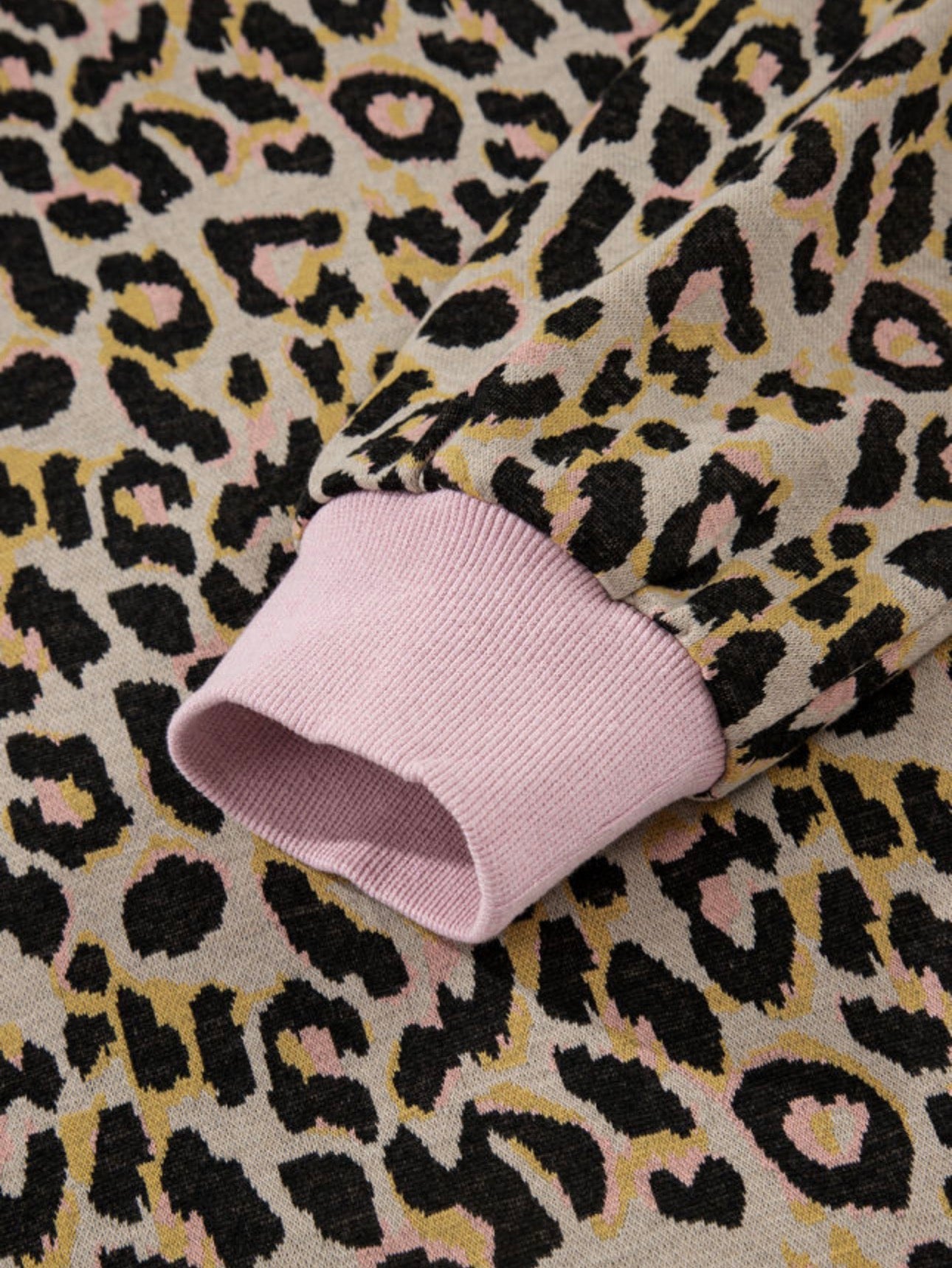 Pink Leopard Print Contrast Edge Long Sleeve Pullover Shorts Set