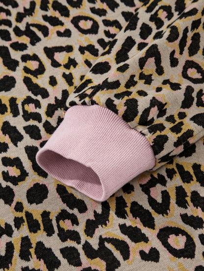 Pink Leopard Print Contrast Edge Long Sleeve Pullover Shorts Set