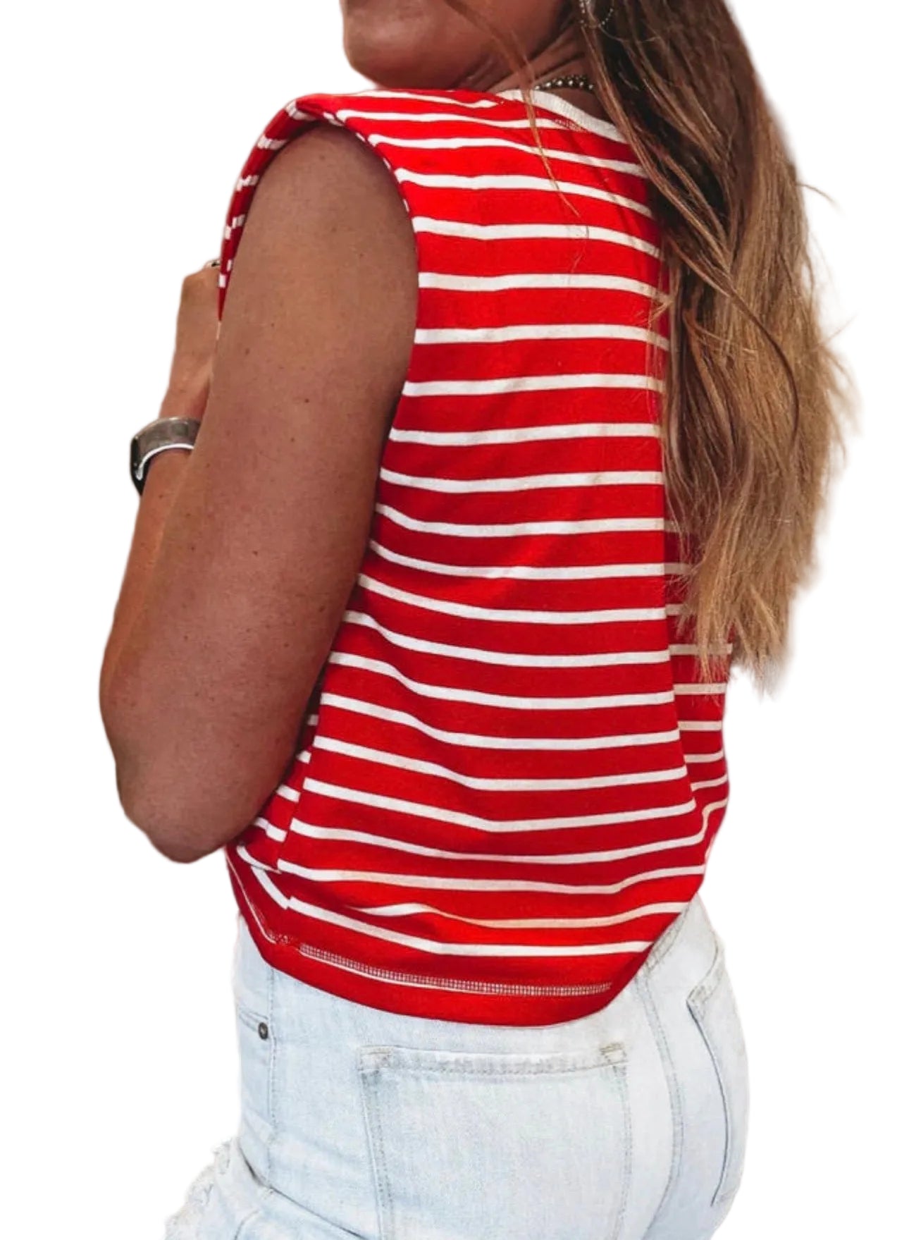Striped Ribbed Round Neck Trim Loose Tank