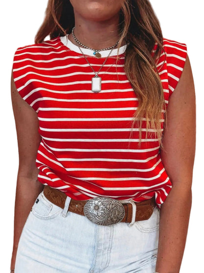Striped Ribbed Round Neck Trim Loose Tank