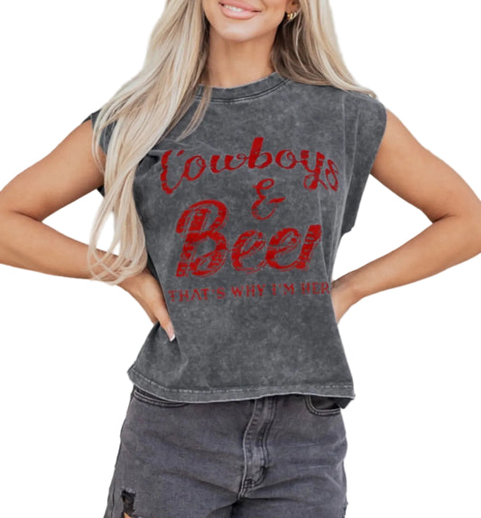 Cowboy & Beer Western Graphic Mineral Wash Tank Top