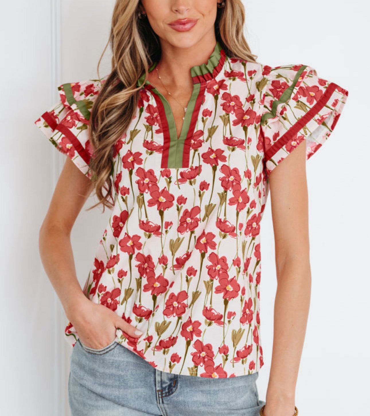 Floral Print Contrast Trim V Neck Double Ruffled Short Sleeve Blouse